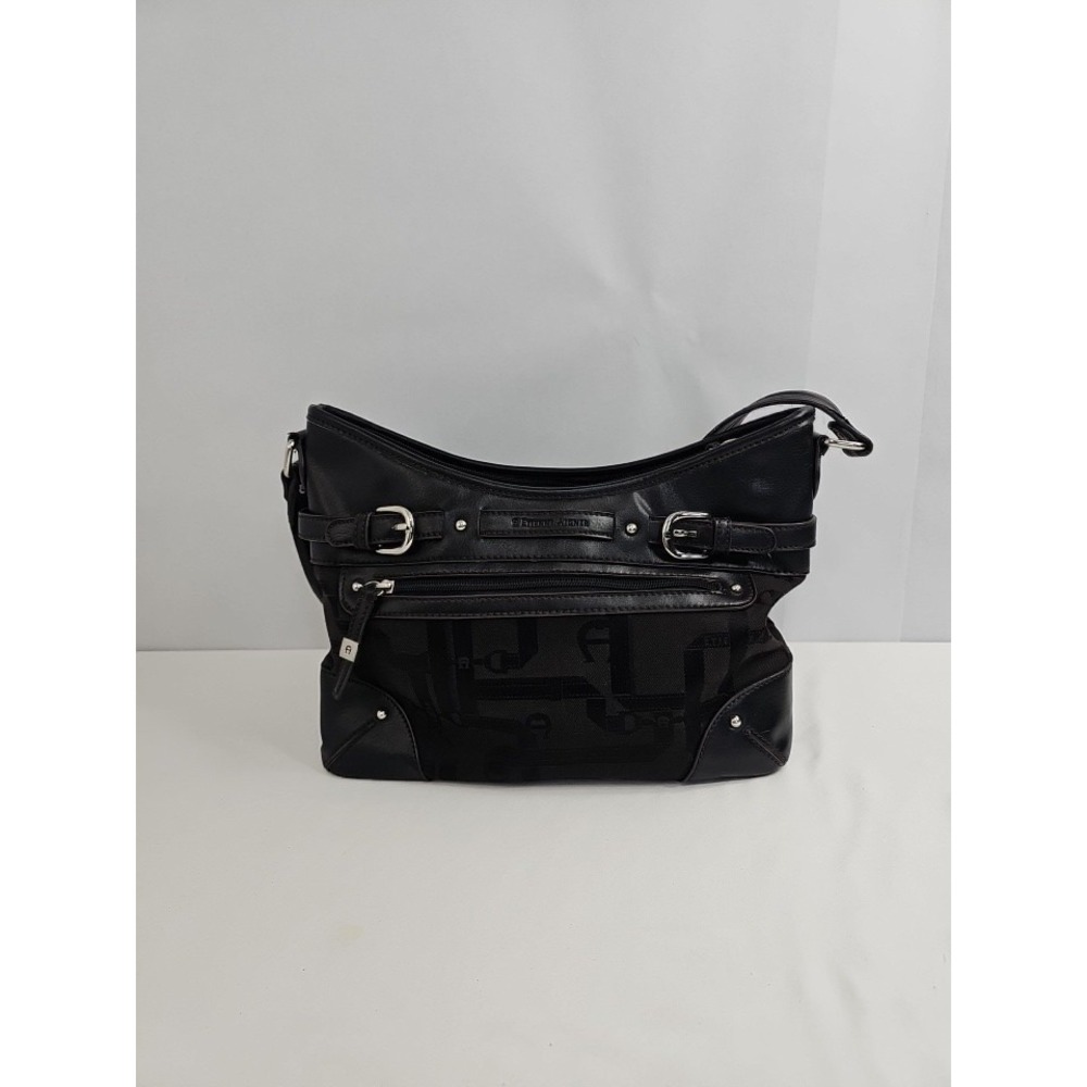 Etienne Aigner Logo Satchel Womens LARGE Black Canvas Leather‎ Signature Handbag